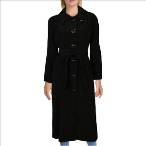 London Fog Black Women's Long Single-Breasted Trench Coat Hood Tie Belt Sz.LP